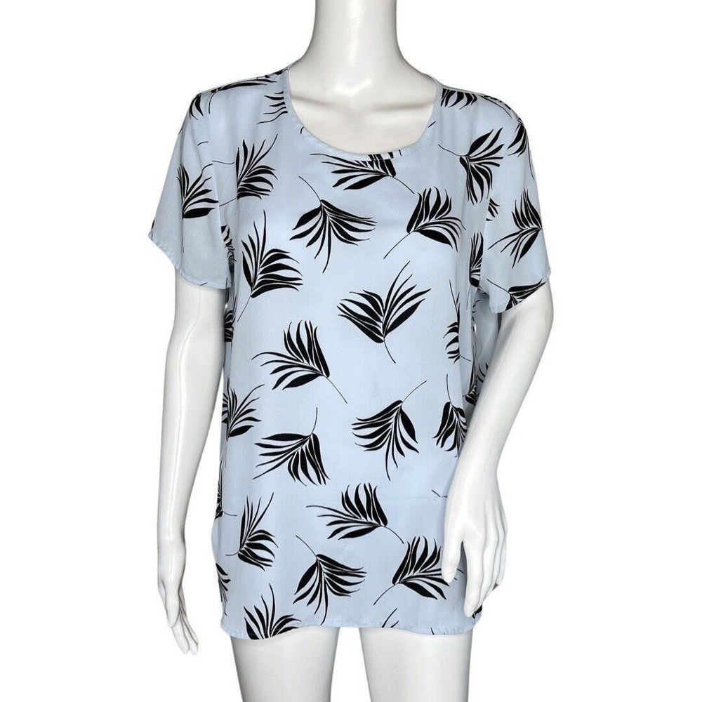 Ann Taylor Shirt Womens Large Petite‎ Blue Black Floral Blouse Office Casual